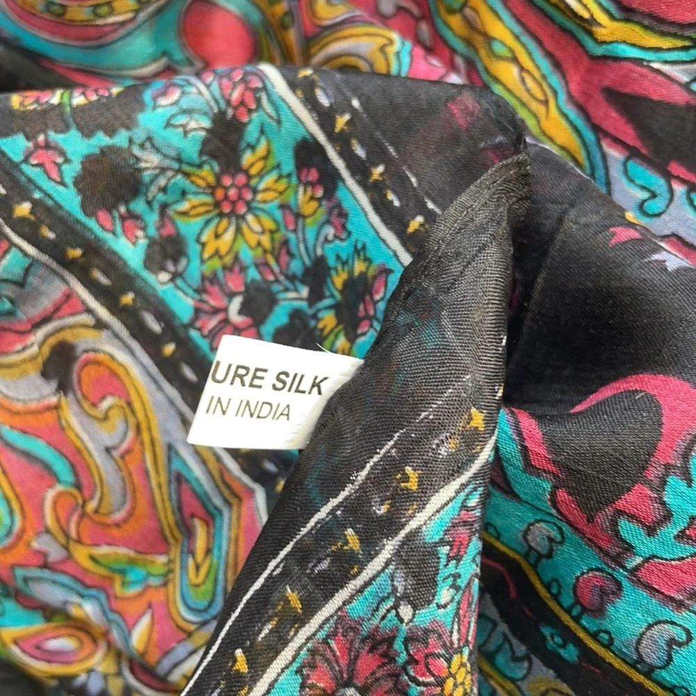 Vintage Rainbow Genuine Silk Paisley Rolled Hem Long Rectangular Women Men Scarf